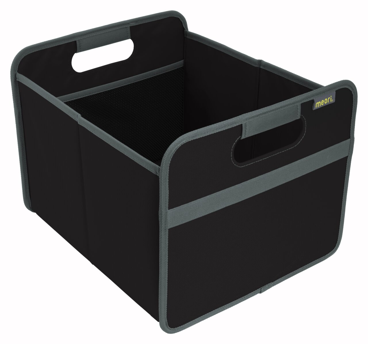 Schwarze Faltbox M mit grauen Griffen, seitliche Perspektive