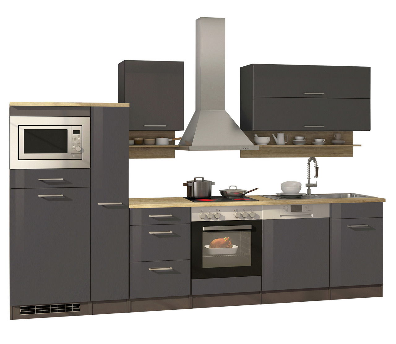 Held Möbel Küchenzeile MAILAND Moderne Küchenzeile in dunklem Grau mit Holzarbeitsplatte, ausgestattet mit Mikrowelle, Herd, Dunstabzugshaube, Spüle und Geschirrspüler, frontal betrachtet.