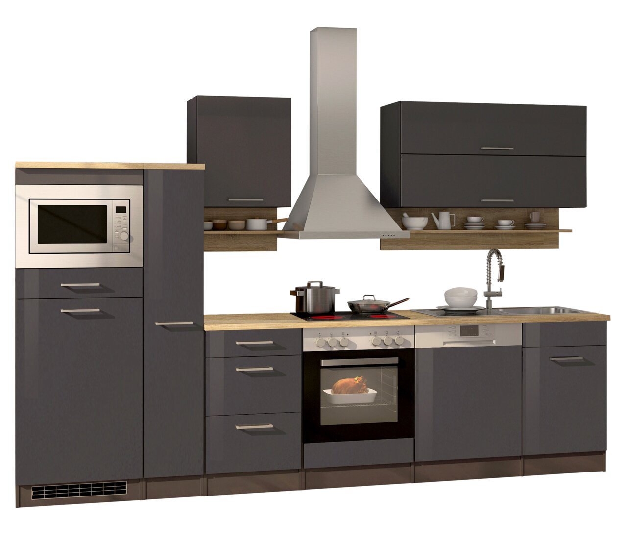 Held Möbel Küchenzeile MAILAND Moderne Küchenzeile in dunklem Grau mit Holzarbeitsplatte, ausgestattet mit Mikrowelle, Herd, Dunstabzugshaube, Spüle und Geschirrspüler, frontal betrachtet.