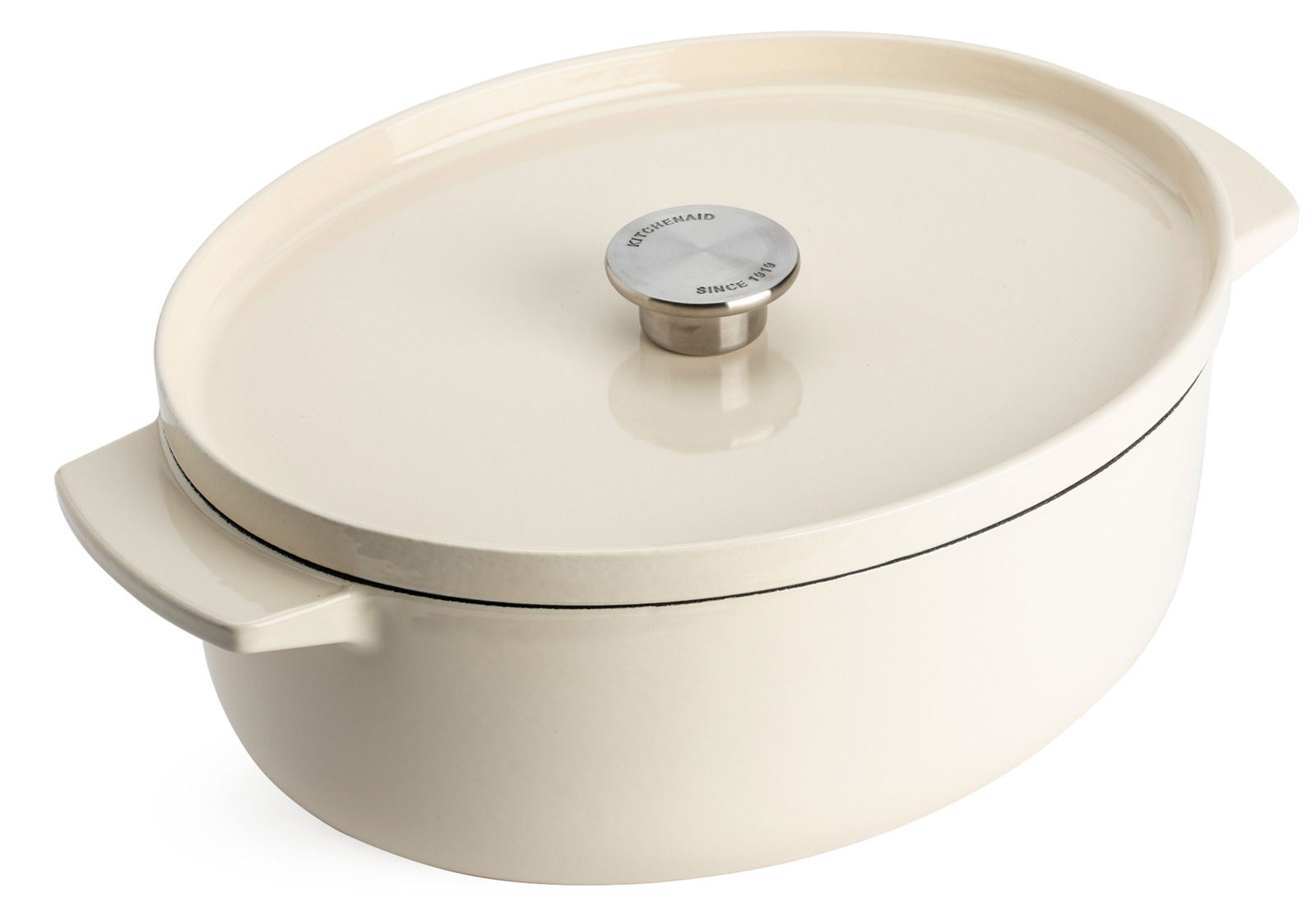 Ovaler Gusseisen Bräter von KitchenAid in Cremefarbe, seitliche Perspektive