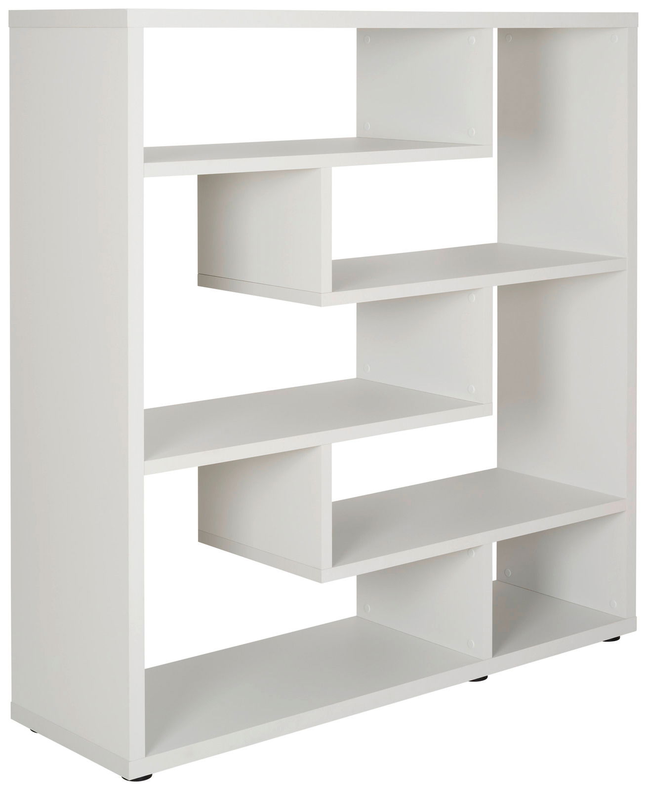 MyBaby Standregal MILAN Weißes Standregal mit asymmetrischen Fächern, seitliche Perspektive