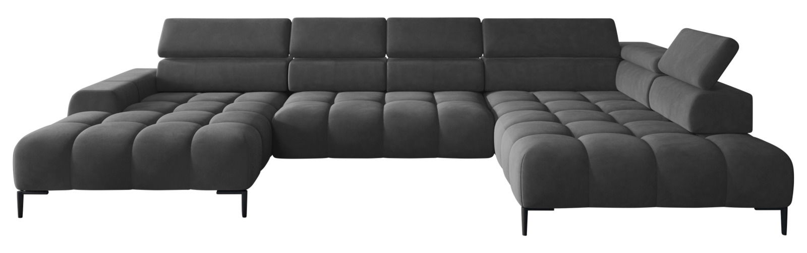 Große, moderne Polsterrundecke in dunklem Grau mit verstellbaren Kopfstützen, aus der Vorderansicht.