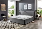 Graues Polsterbett 160x200 in einem modernen Schlafzimmer mit großen Fenstern, Pflanzen und Wanddekorationen, seitliche Perspektive.