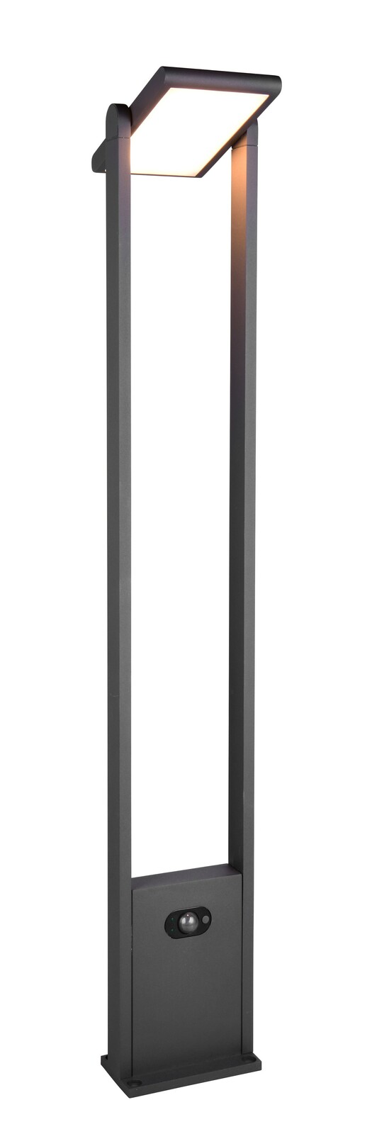 Moderne Außenleuchte in rechteckiger Form mit integriertem Bewegungsmelder, seitliche Perspektive