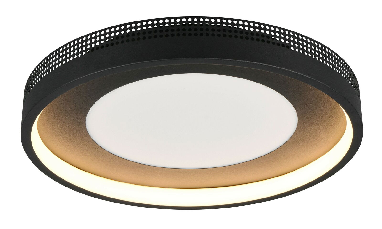 Trio Leuchten Deckenleuchte SOLEA Moderne Deckenleuchte mit schwarzem, perforiertem Rand und warmweißer Beleuchtung, seitliche Perspektive