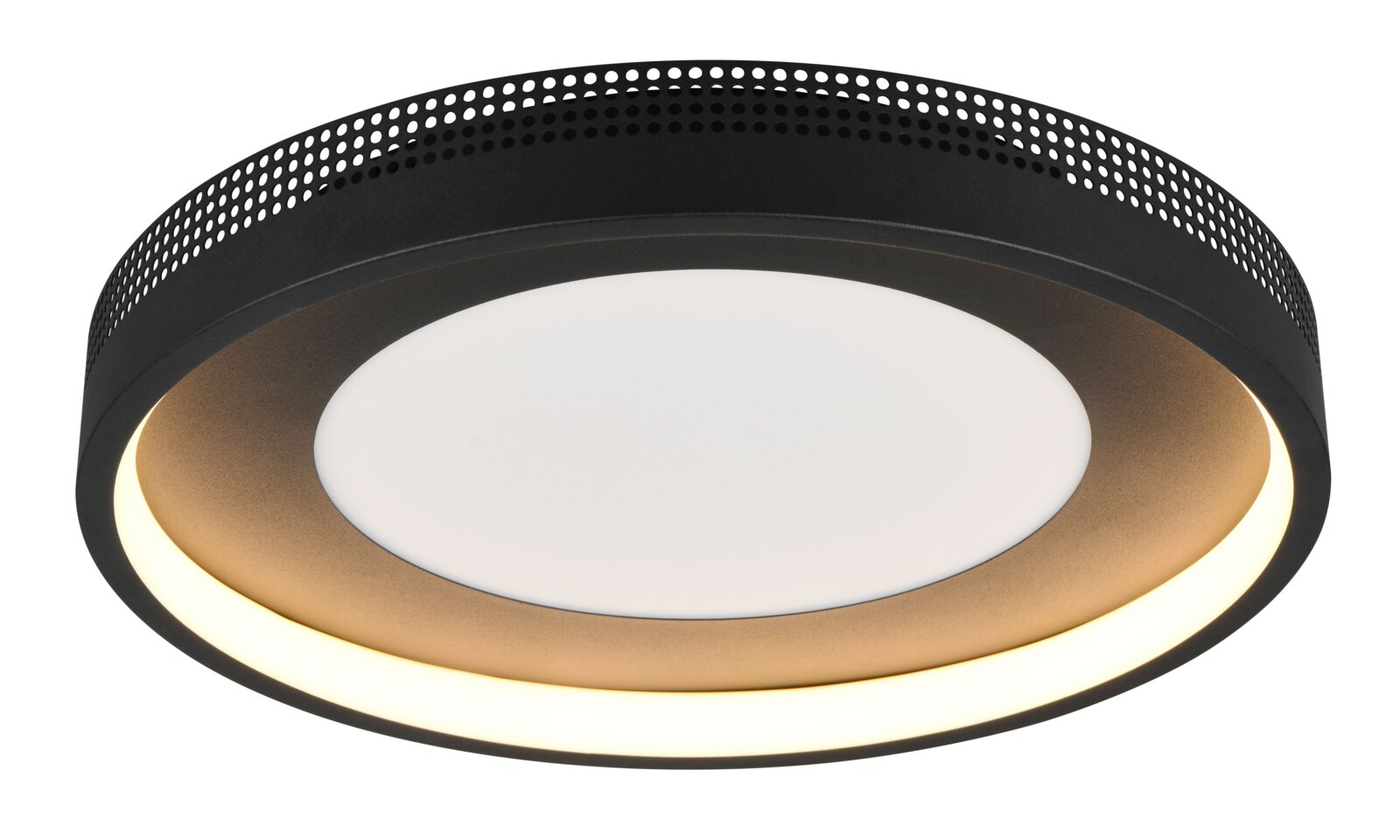 Trio Leuchten Plafondlamp SOLEA Moderne plafondlamp met een zwarte, geperforeerde rand en warmwitte verlichting, zijaanzicht