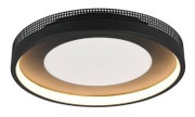 Moderne Deckenleuchte mit schwarzem, perforiertem Rand und warmweißer Beleuchtung, seitliche Perspektive