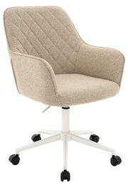 Beiger Drehstuhl mit gepolsterter Sitzfläche und Rückenlehne, auf einem weißen, fünfarmigen Rollfuß. Perspektive: seitliche Ansicht.