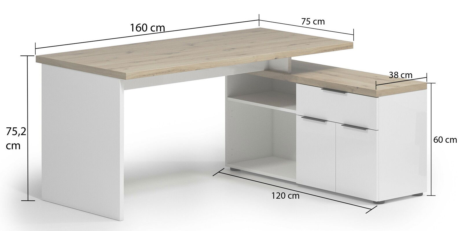Eckschreibtisch mit Holzoberfläche und weißen Seiten, Maße 160 cm x 75 cm x 75,2 cm, mit integriertem Regal und Schrank, seitliche Perspektive