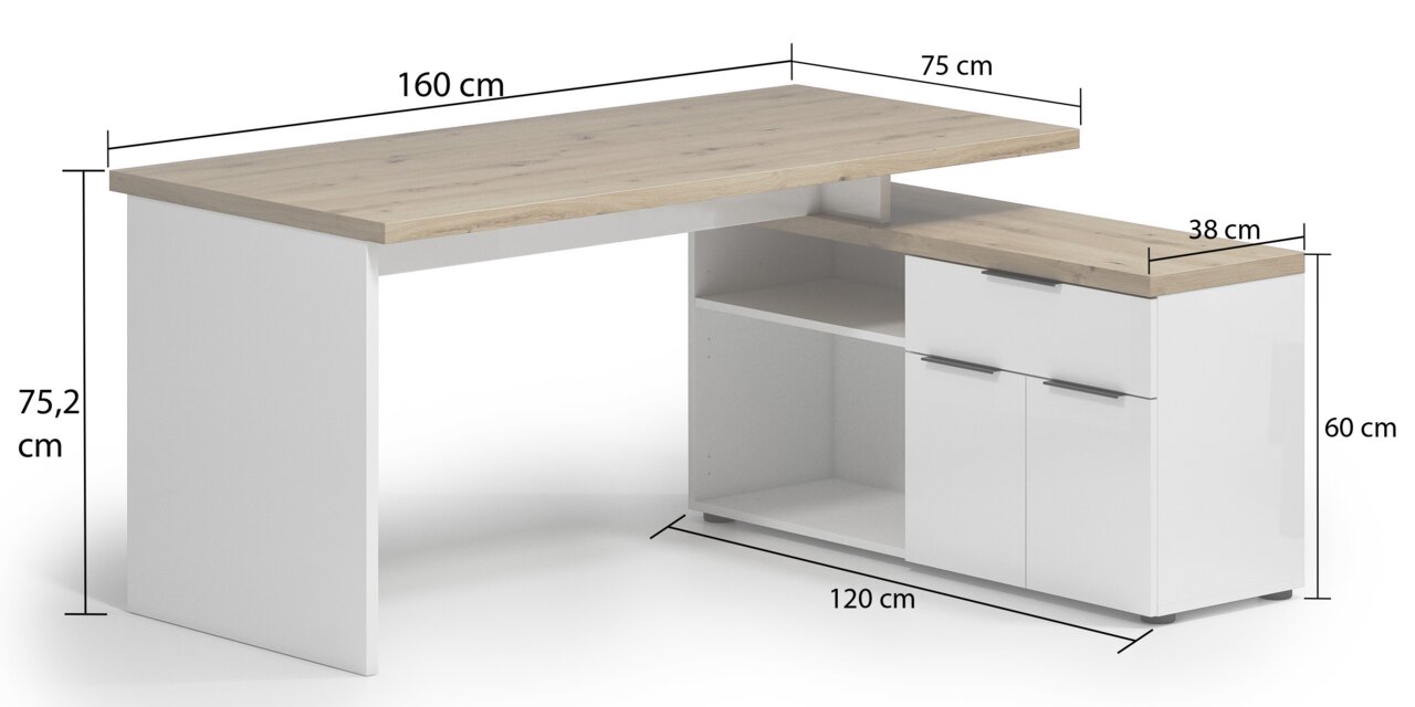 Hoekbureau met houten blad en witte zijkanten, afmetingen 160 cm x 75 cm x 75,2 cm, met ingebouwde plank en kast, zijaanzicht