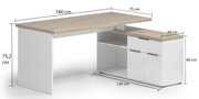 Hoekbureau met houten blad en witte zijkanten, afmetingen 160 cm x 75 cm x 75,2 cm, met ingebouwde plank en kast, zijaanzicht