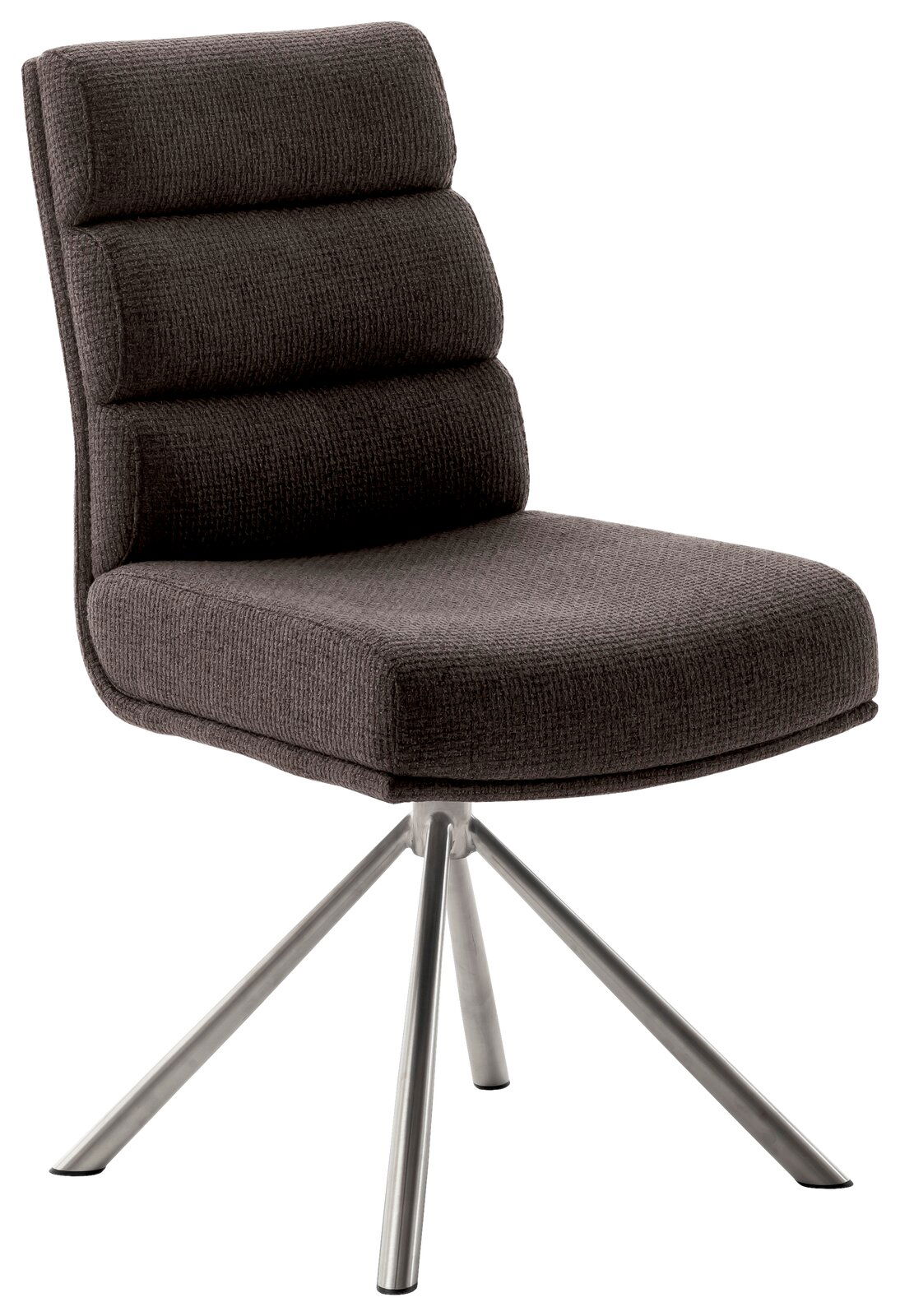 Dieter Knoll Stuhl LEXINGTON Moderner Stuhl mit gepolsterter Rückenlehne und Sitzfläche in dunklem Stoff, auf einem stabilen Metallgestell mit vier Beinen. Seitenansicht.