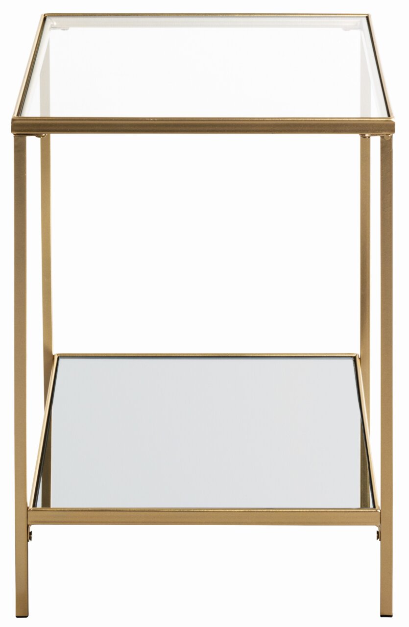 Moderner Beistelltisch mit Glasplatte und goldfarbenem Metallrahmen, Frontalansicht