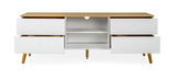Modernes TV-Board mit weißem Korpus und Holzoberfläche, vier Schubladen und offenen Fächern, frontale Ansicht.