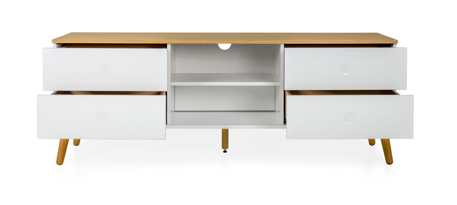 Modernes TV-Board mit weißem Korpus und Holzoberfläche, vier Schubladen und offenen Fächern, frontale Ansicht.