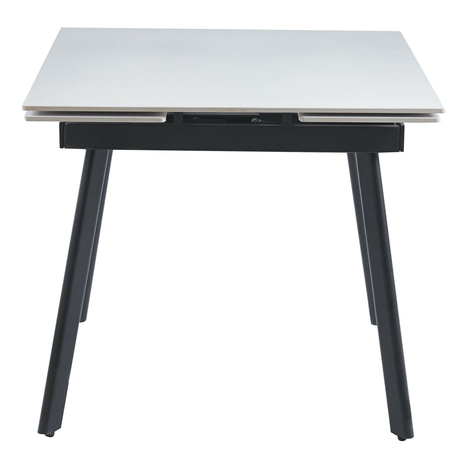 Moderner Esstisch mit weißer Tischplatte und schwarzen Beinen, Frontalansicht.