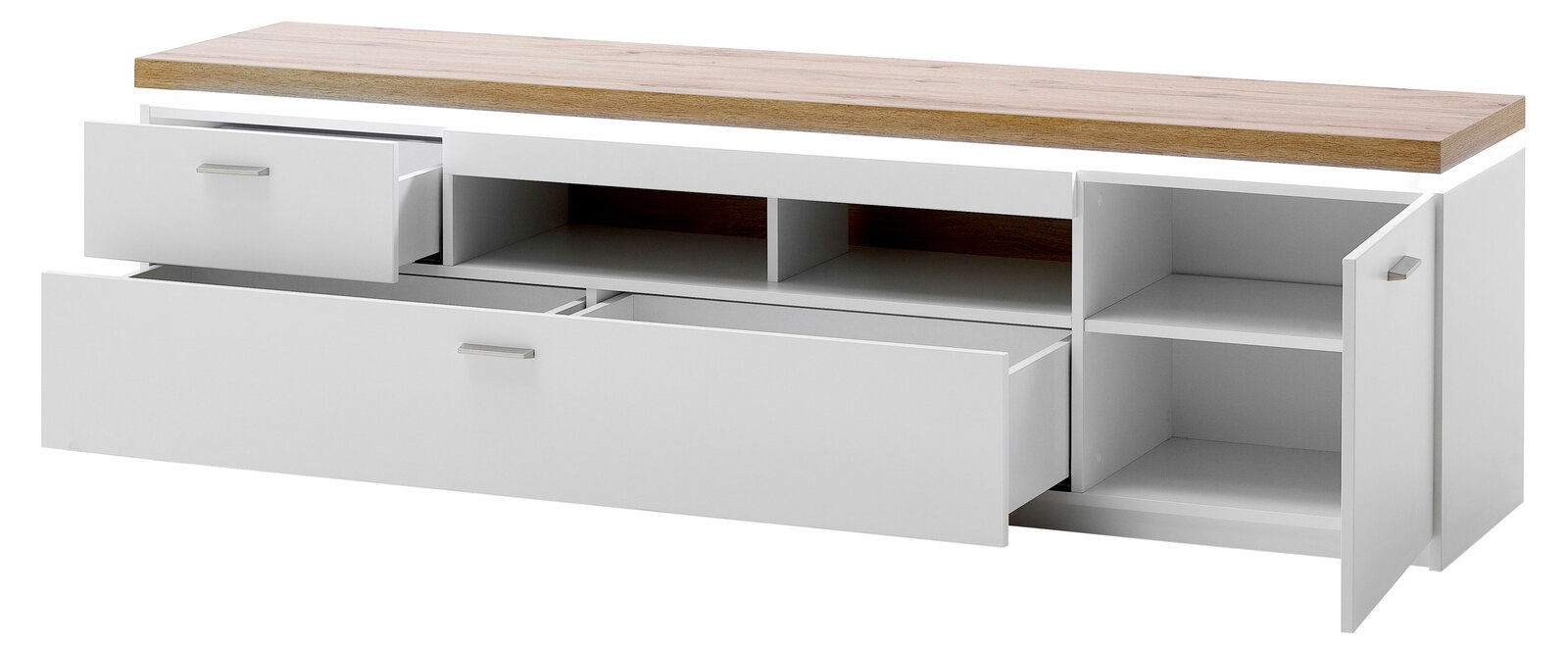 XL-TV-Lowboard in Weiß mit Holzoberfläche, offene Schubladen und Türen, seitliche Perspektive