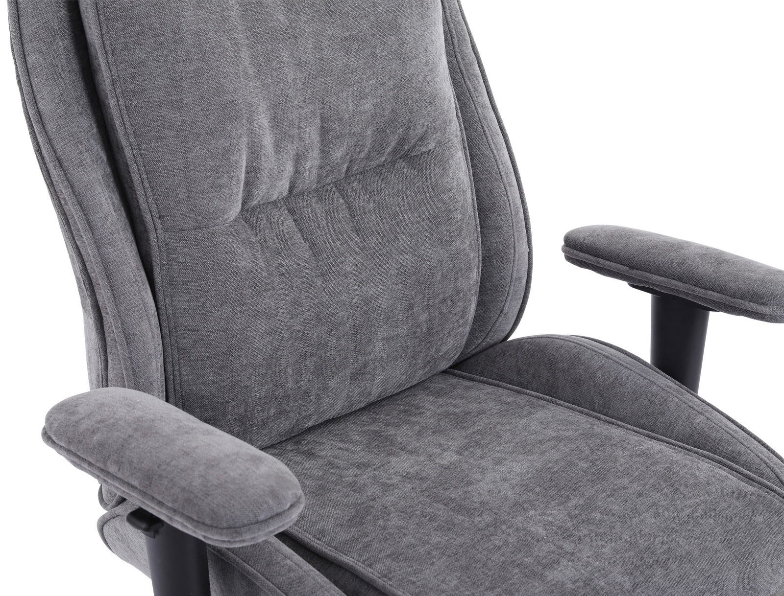 Grauer Homeoffice-Drehstuhl mit gepolsterten Armlehnen und Rückenlehne, seitliche Perspektive