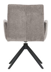 Rückansicht eines Armlehnstuhls mit grauem, geripptem Stoffbezug und schwarzem Metallgestell.