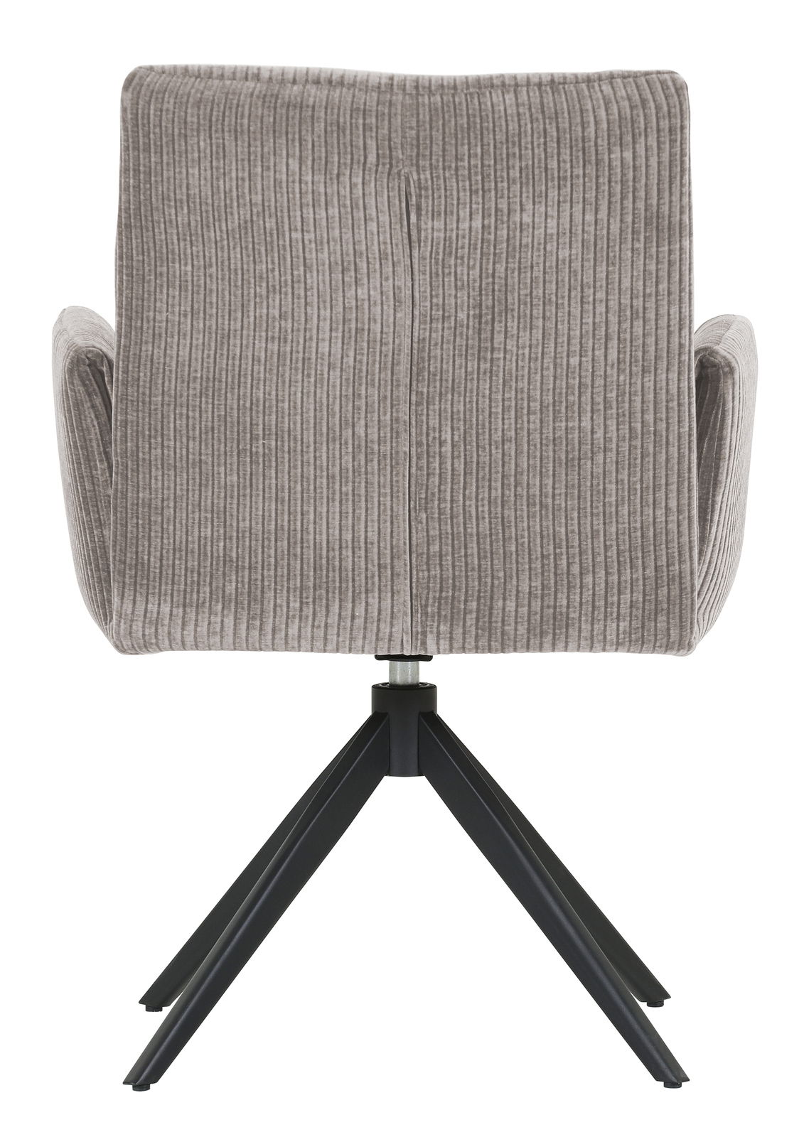 Rückansicht eines Armlehnstuhls mit grauem, geripptem Stoffbezug und schwarzem Metallgestell.