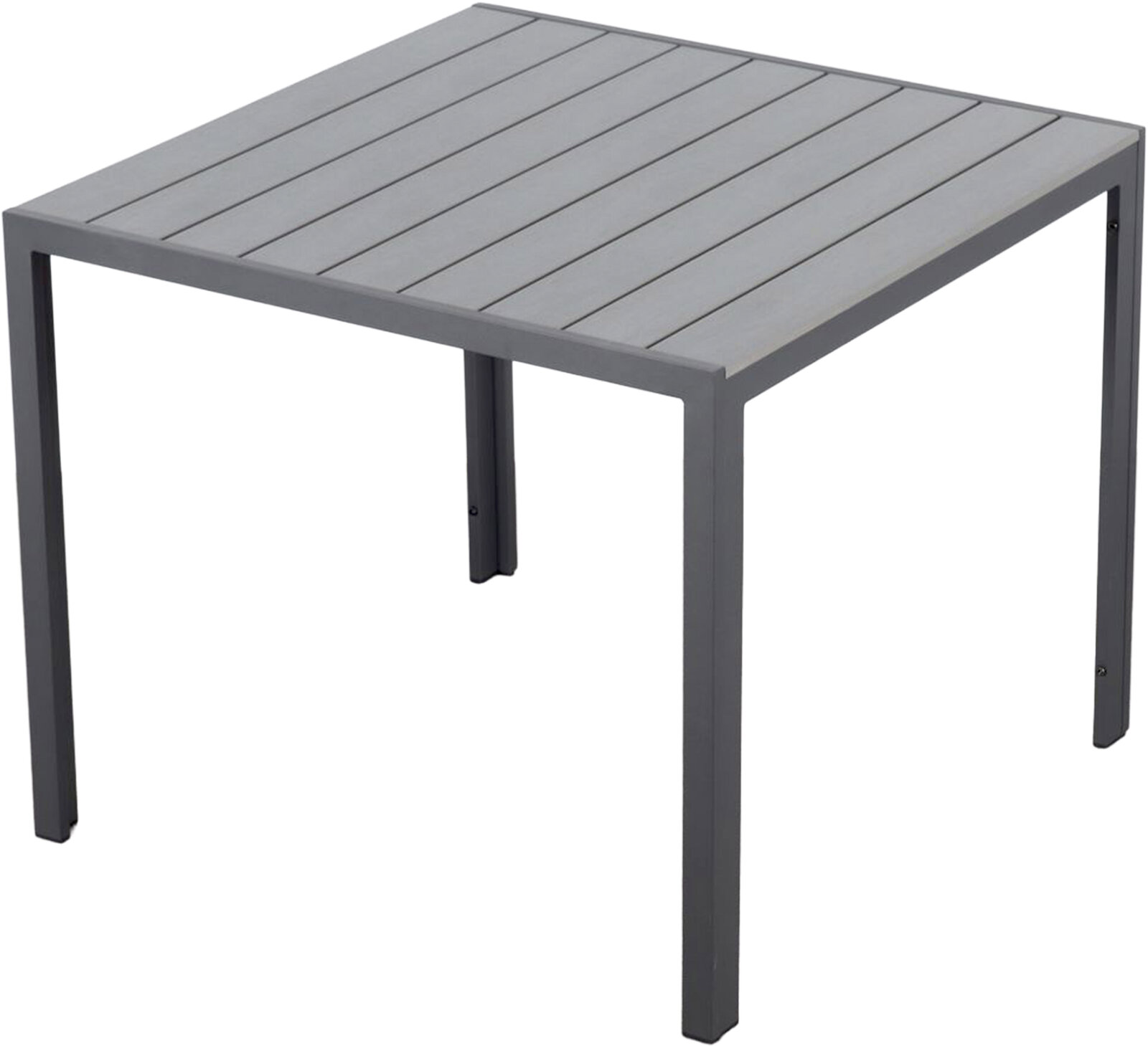 Ambia Garden Gartentisch VALENCIA Moderner quadratischer Gartentisch aus grauem Metall mit Lattenoptik, seitliche Perspektive
