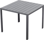 Moderner quadratischer Gartentisch aus grauem Metall mit Lattenoptik, seitliche Perspektive
