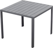 Moderner quadratischer Gartentisch aus grauem Metall mit Lattenoptik, seitliche Perspektive