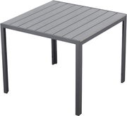 Moderner quadratischer Gartentisch aus grauem Metall mit Lattenoptik, seitliche Perspektive