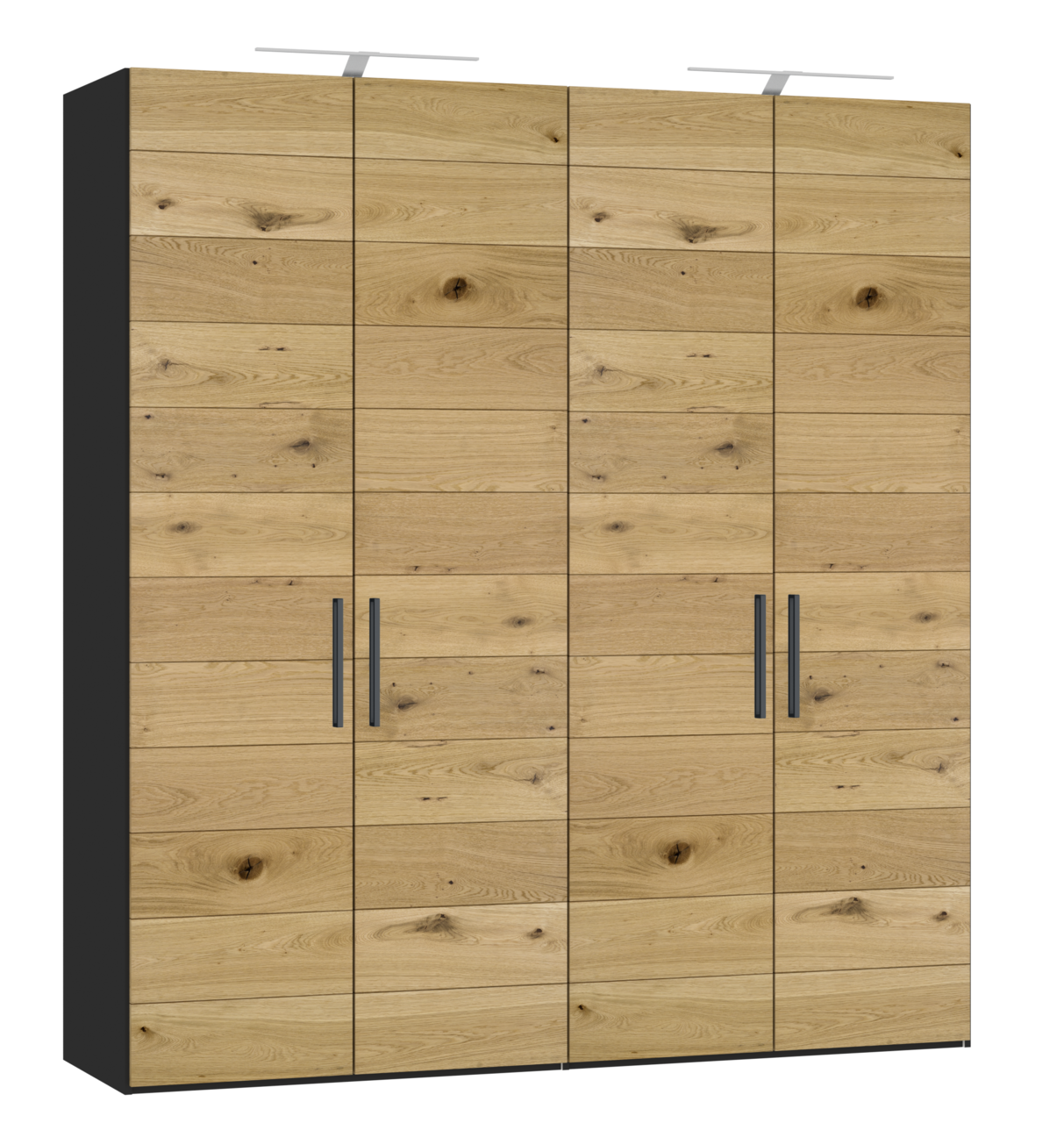 Vorderansicht eines 4-türigen Drehtürenschranks mit Holzoptik und schwarzen Griffen