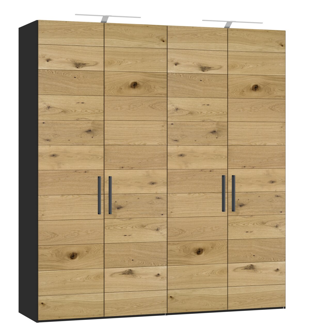 Jutzler Kast met draaideuren, 4-deurs JUTZLER Vooraanzicht van een vierdeurskast met draaideuren, in houtlook en met zwarte handgrepen