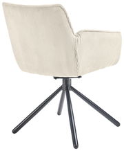 Rückansicht eines Armlehnstuhls mit hellem, geripptem Stoffbezug und schwarzem Metallgestell.