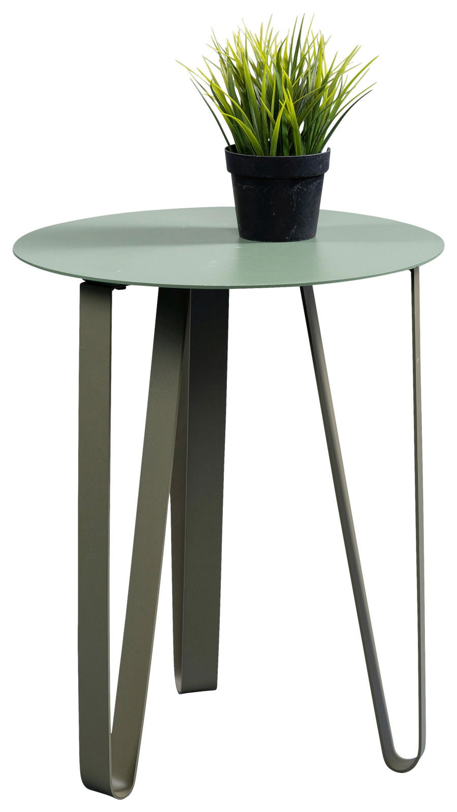 XORA Beistelltisch EMIL Moderner grüner Beistelltisch mit runder Tischplatte und stilvollen Metallbeinen, seitliche Perspektive, mit einem kleinen Pflanzentopf darauf.