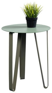 Moderner grüner Beistelltisch mit runder Tischplatte und stilvollen Metallbeinen, seitliche Perspektive, mit einem kleinen Pflanzentopf darauf.
