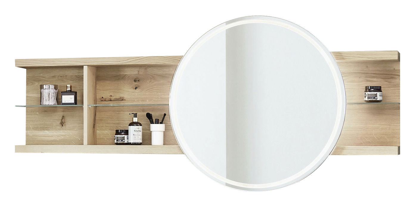 Hängeregal aus Holz mit integriertem runden Spiegel, seitlichen Ablagefächern und dekorativen Gegenständen, frontal betrachtet.