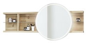 Houten hangplank met ingebouwde ronde spiegel, opbergvakken aan de zijkanten en decoratieve voorwerpen, gezien vanaf de voorkant.