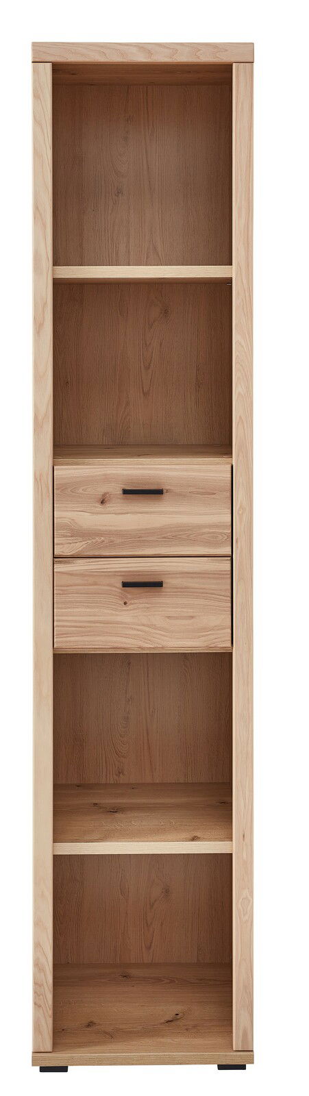 Schmales Aktenregal aus Holz mit zwei offenen Fächern und zwei Schubladen, Frontalansicht.