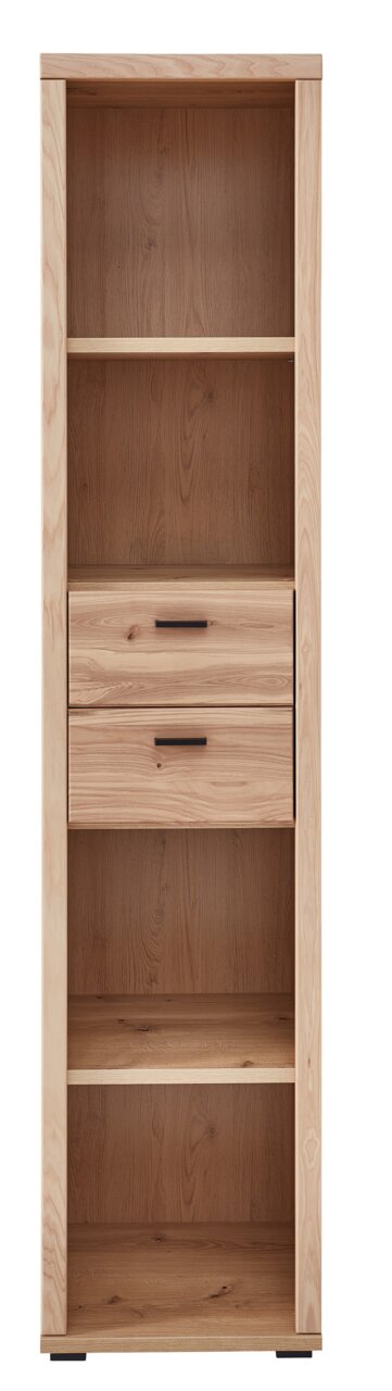 Schmales Aktenregal aus Holz mit zwei offenen Fächern und zwei Schubladen, Frontalansicht.