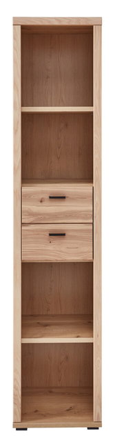 Schmales Aktenregal aus Holz mit zwei offenen Fächern und zwei Schubladen, Frontalansicht.