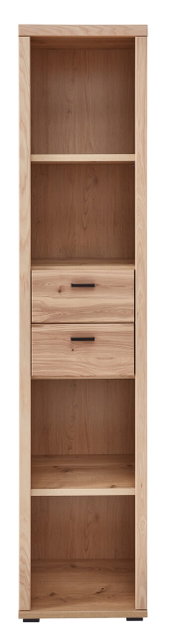 Schmales Aktenregal aus Holz mit zwei offenen Fächern und zwei Schubladen, Frontalansicht.
