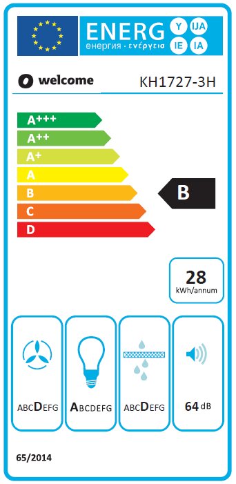 Energieeffizienzklasse B, 28 kWh pro Jahr, 64 dB, Frontansicht des Energieetiketts für ein Küchengerät.