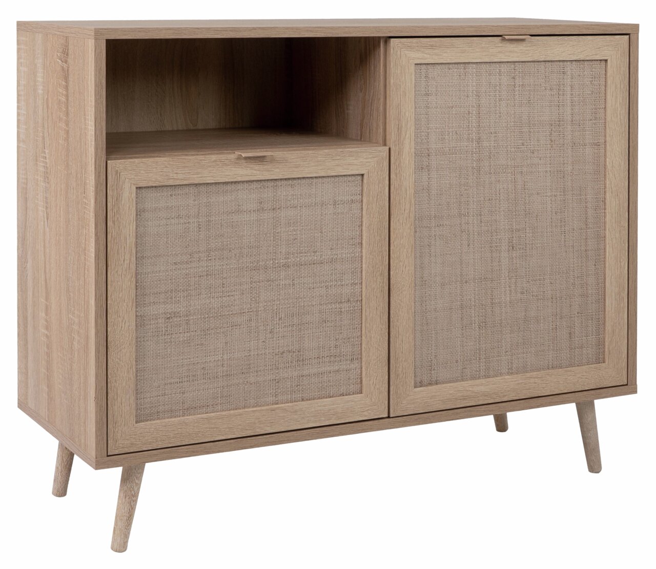 Z2 Kommode DENPASAR Kommode aus hellem Holz mit zwei Türen und einem offenen Fach, schräg von vorne fotografiert