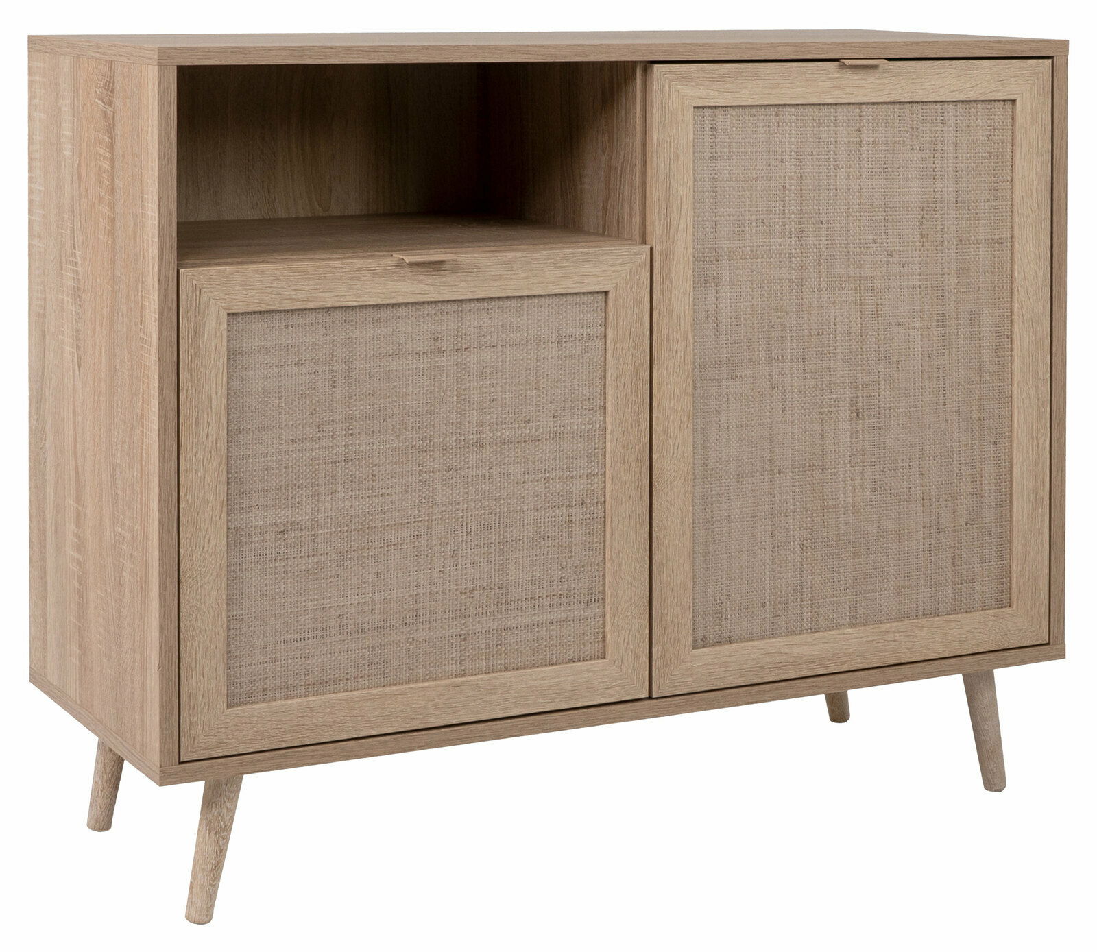 Kommode aus hellem Holz mit zwei Türen und einem offenen Fach, schräg von vorne fotografiert