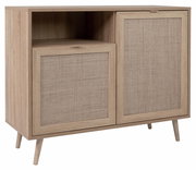 Kommode aus hellem Holz mit zwei Türen und einem offenen Fach, schräg von vorne fotografiert