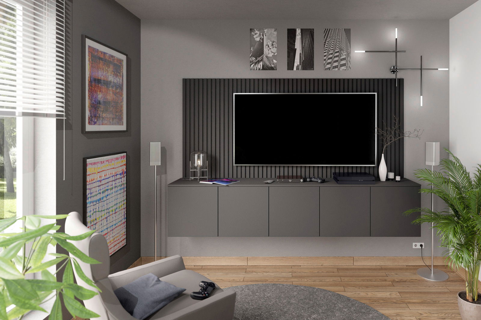 Modernes Wohnzimmer mit grauem Dekopaneel-Set hinter einem großen Fernseher, seitliche Perspektive.