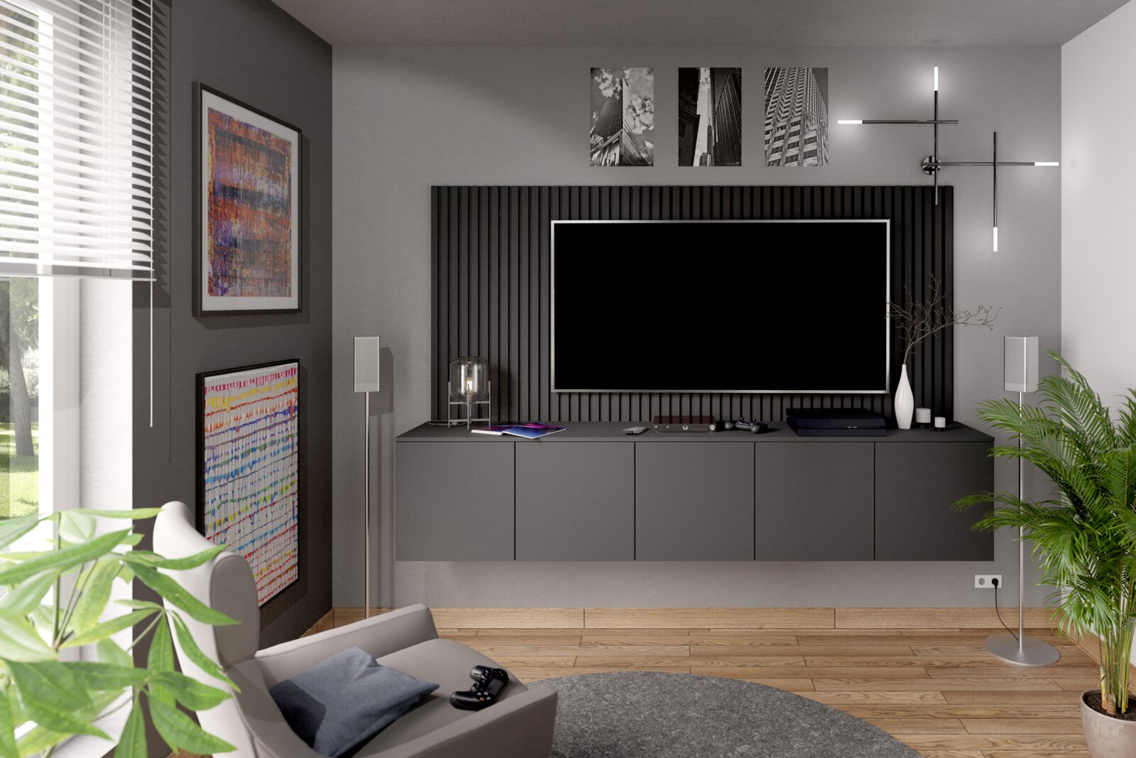 Modernes Wohnzimmer mit grauem Dekopaneel-Set hinter einem großen Fernseher, seitliche Perspektive.