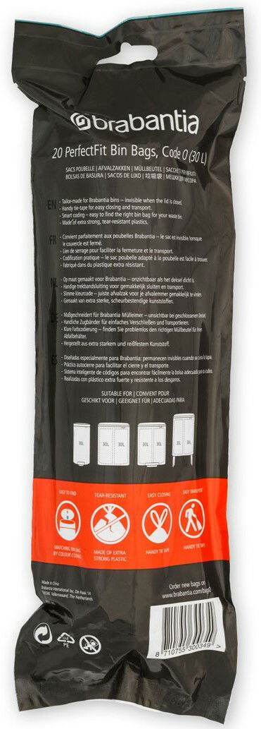 Rückansicht einer Verpackung von Brabantia Müllbeuteln, 30 Liter, mit Produktinformationen und Symbolen für einfache Handhabung, Reißfestigkeit und praktischen Transport.