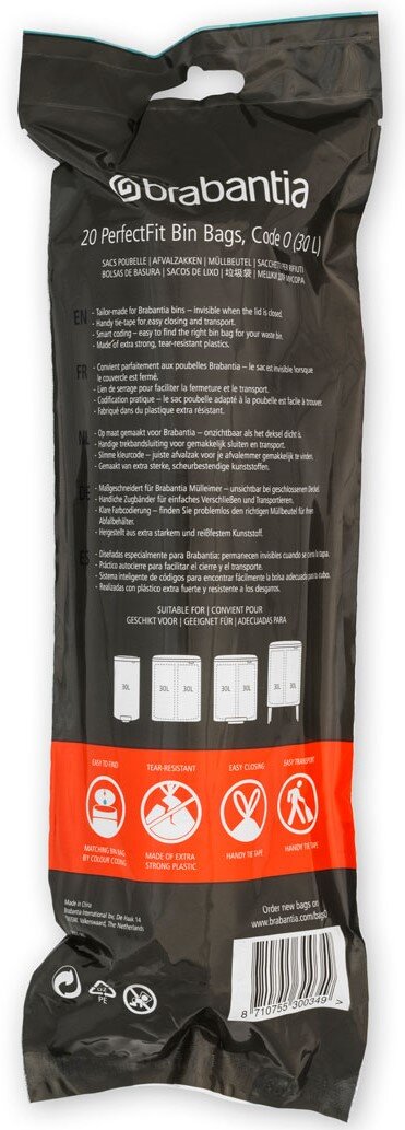 Rückansicht einer Verpackung von Brabantia Müllbeuteln, 30 Liter, mit Produktinformationen und Symbolen für einfache Handhabung, Reißfestigkeit und praktischen Transport.