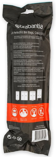 Rückansicht einer Verpackung von Brabantia Müllbeuteln, 30 Liter, mit Produktinformationen und Symbolen für einfache Handhabung, Reißfestigkeit und praktischen Transport.