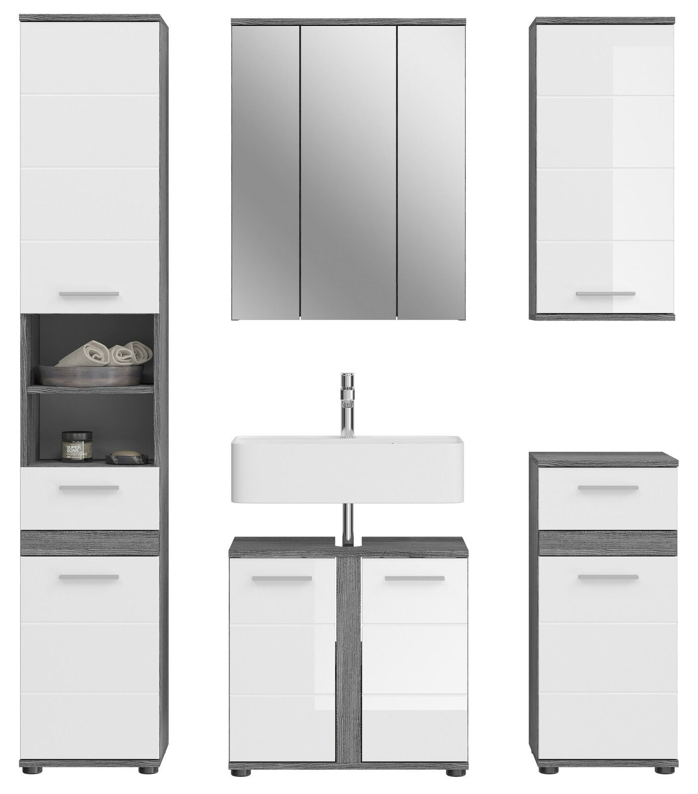 Moderne Badkombination mit Spiegel, Waschbecken und Stauraum, Frontalansicht