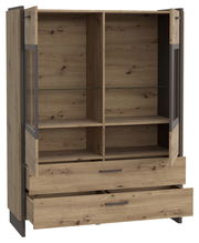 Holz-Highboardvitrine mit offenen Türen und Schubladen, Frontansicht